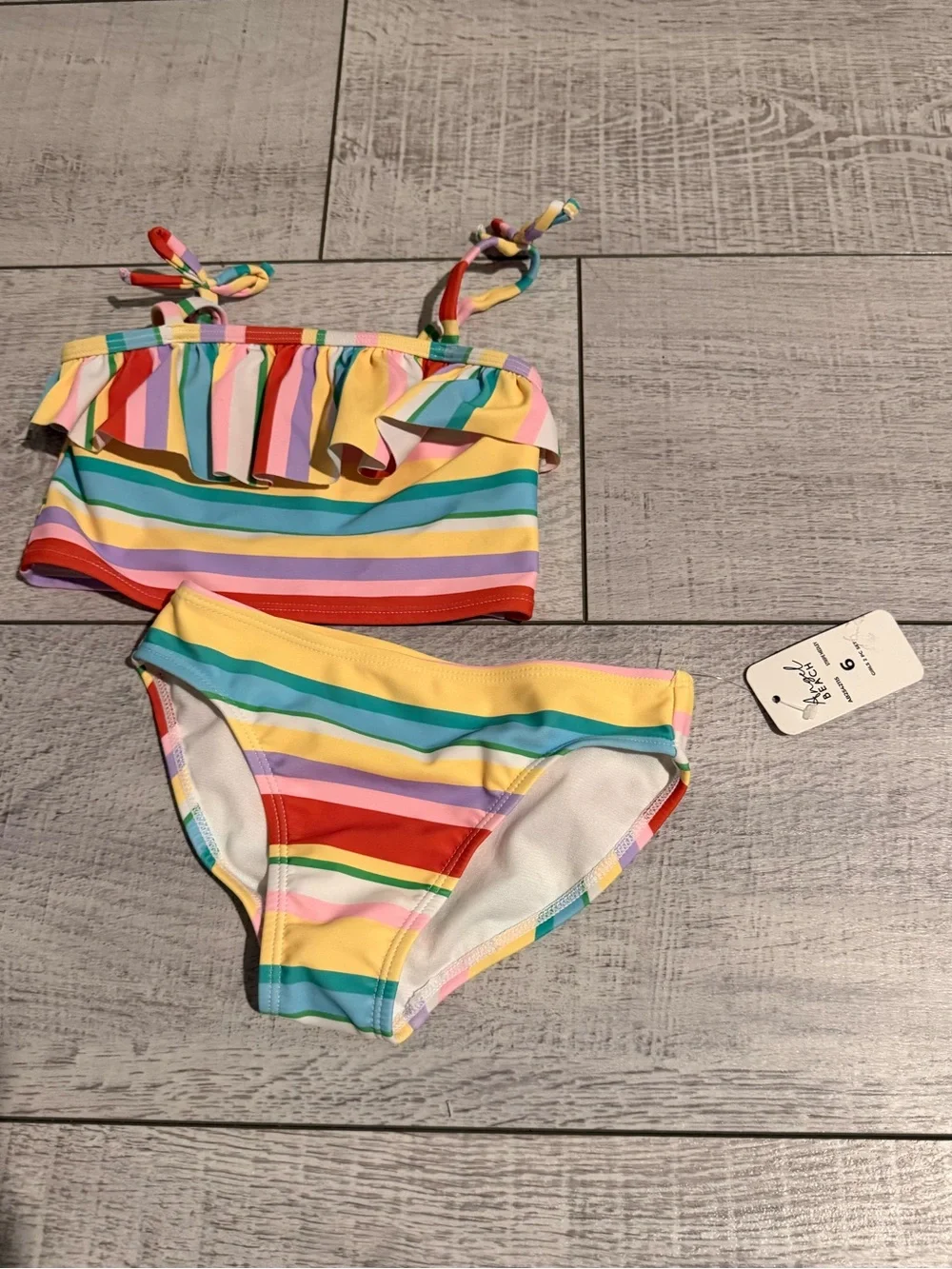 Angel Beach Girls Size 6 Rainbow Stripe Ruffle 2-Piece Swimsuit NWT